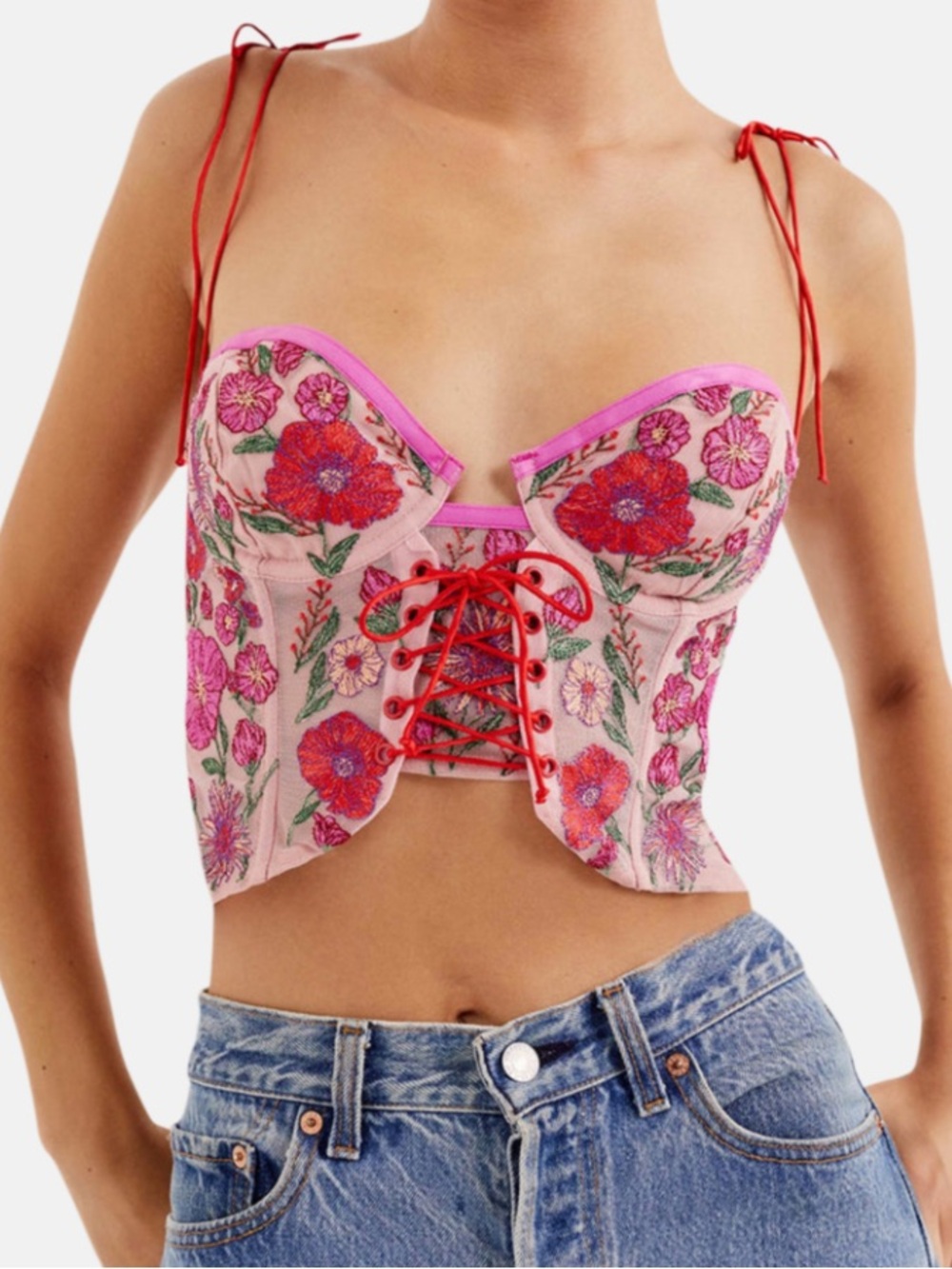 For Love & Lemons Sz S Kaylee Floral Embroidered Lace-Up Bustier Top Pink & Red。